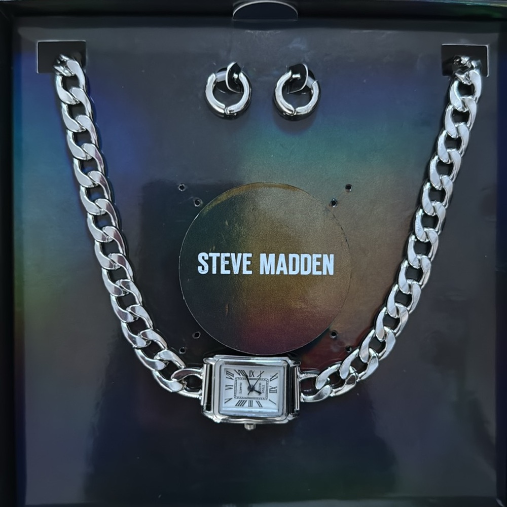 Steve Madden Silver Chain Watch Necklace and Earring Set